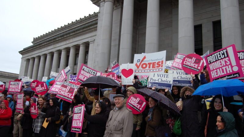 A group of people holding signs during a rally for reproductive rights on the steps of the US Supreme Court