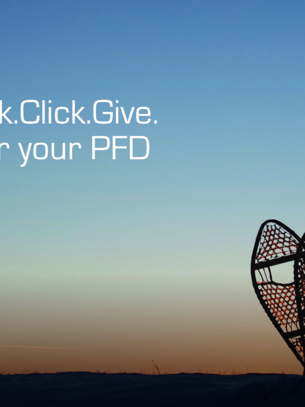 A man is pictured from behind holding a pair of snowshoes against a sunset backdrop.