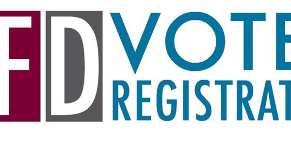 A large blue, maroon, and gray banner saying PFD Voter Registration.