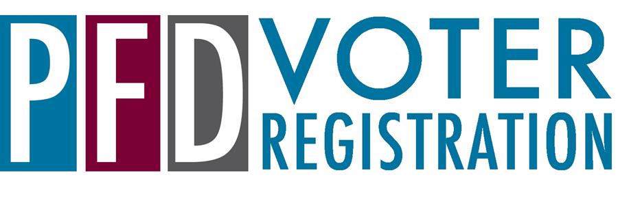 A large blue, maroon, and gray banner saying PFD Voter Registration.