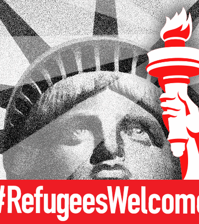 A black-and-white image of the Statue of Liberty's face holding a red-and-white torch with the text #RefugeesWelcome in white at the bottom.