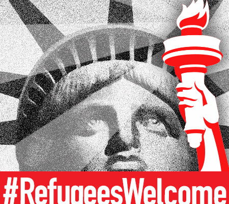 A black-and-white image of the Statue of Liberty's face holding a red-and-white torch with the text #RefugeesWelcome in white at the bottom.