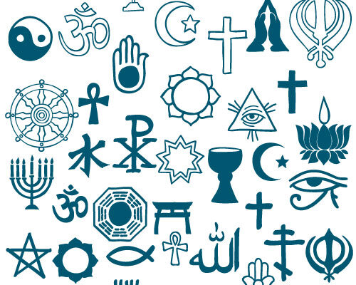 A collage of religious symbols in blue over a white background