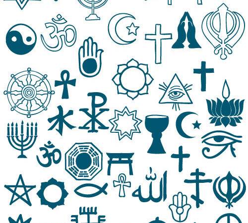 A collage of religious symbols in blue over a white background