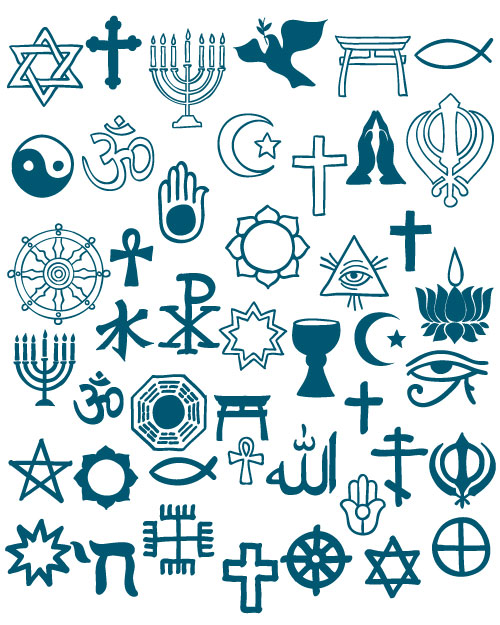A collage of religious symbols in blue over a white background