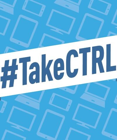 A white banner saying #TakeCTRL in dark blue font against a light blue backdrop patterned with images of computers and smartphones.