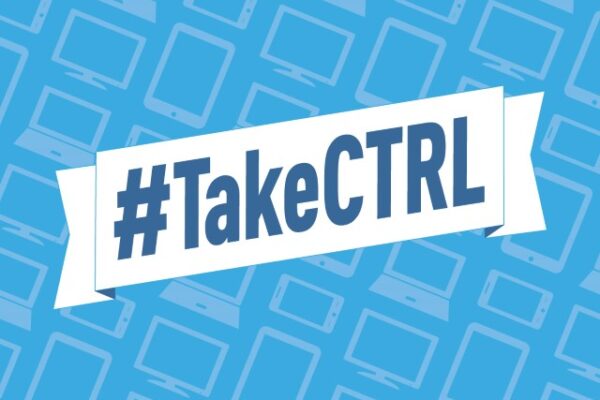 A white banner saying #TakeCTRL in dark blue font against a light blue backdrop patterned with images of computers and smartphones.