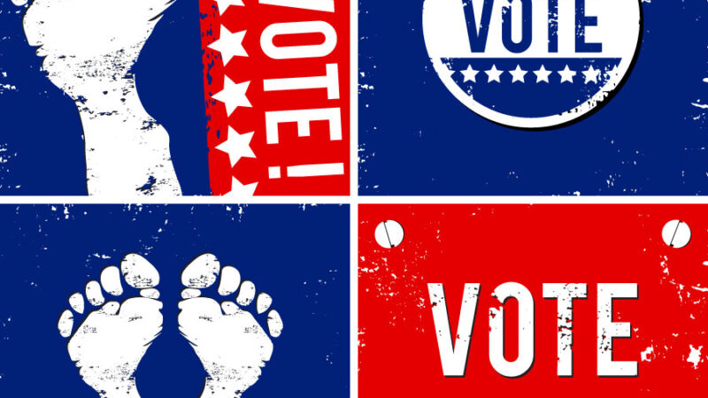 A collection of red, white, and blue images related to voting: circular "Vote" sticker, footprints with "Go Vote" written next to them, and a ballot with yes/no checkboxes.
