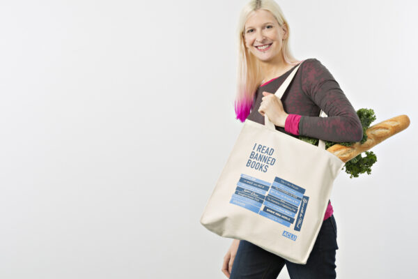 ACLU member holding a ACLU shopping bag