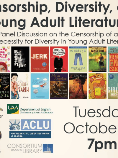 A flyer for the Censorship, Diversity, and YA Literature Panel with various book covers.