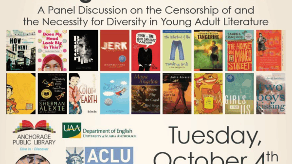 A flyer for the Censorship, Diversity, and YA Literature Panel with various book covers.
