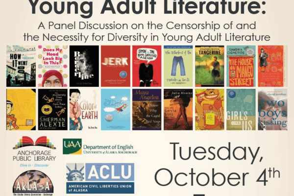 A flyer for the Censorship, Diversity, and YA Literature Panel with various book covers.