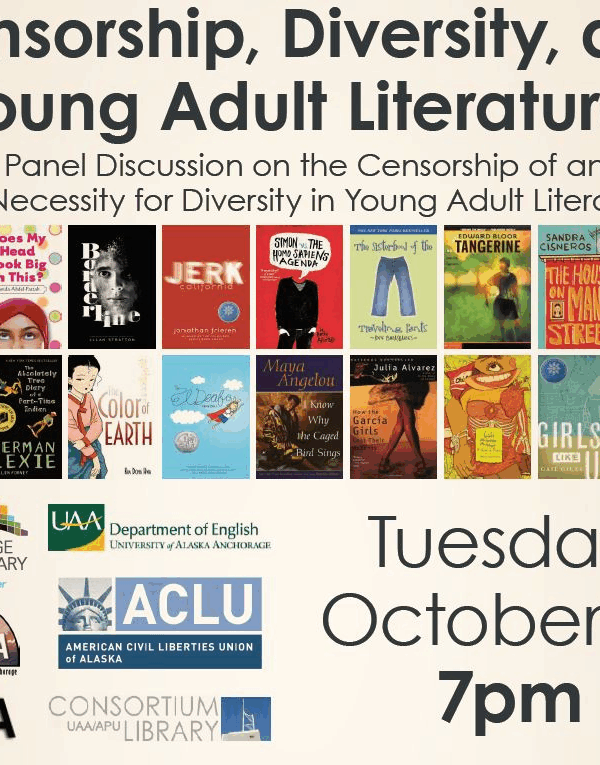A flyer for the Censorship, Diversity, and YA Literature Panel with various book covers.