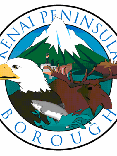 The seal of the Kenai Peninsula Borough: a snow-covered mountain, moose, and eagle.