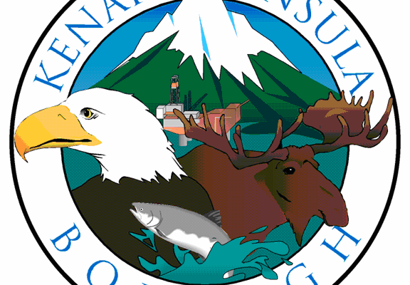 The seal of the Kenai Peninsula Borough: a snow-covered mountain, moose, and eagle.