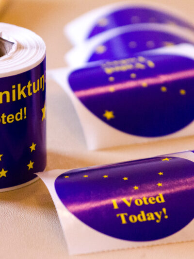 Blue and gold "I voted" stickers