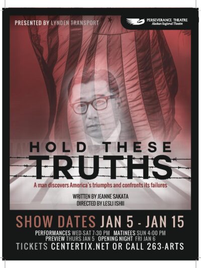 A red and black poster for the Anchorage run of Hold These Truths.
