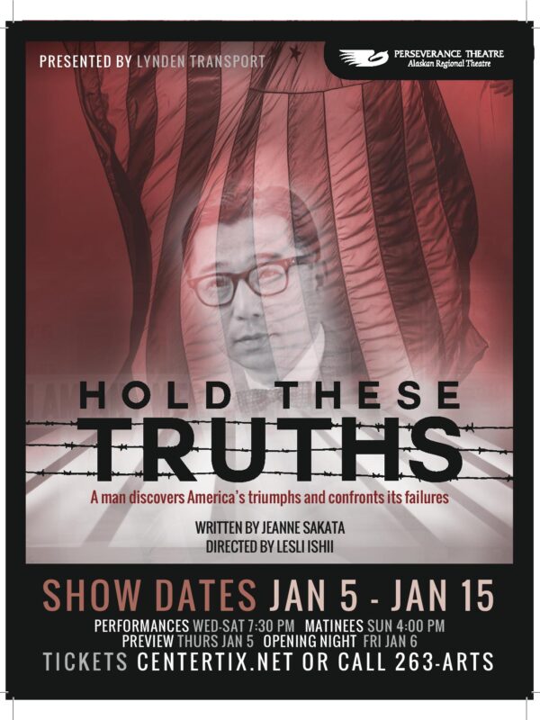 A red and black poster for the Anchorage run of Hold These Truths.