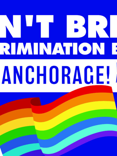 Bright blue back background with a Pride flag in the forefront