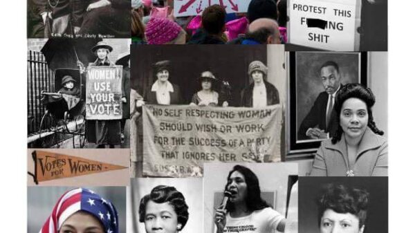 A composite image of many female leaders and signs about women's equality.