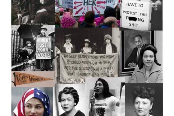 A composite image of many female leaders and signs about women's equality.