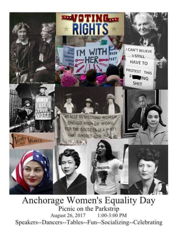 A composite image of many female leaders and signs about women's equality.