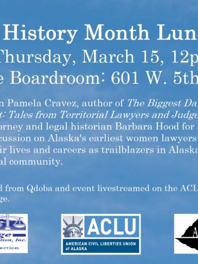 Blue and white flyer for Women's History Month Lunch Panel