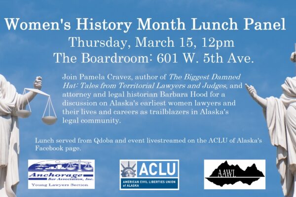 Blue and white flyer for Women's History Month Lunch Panel