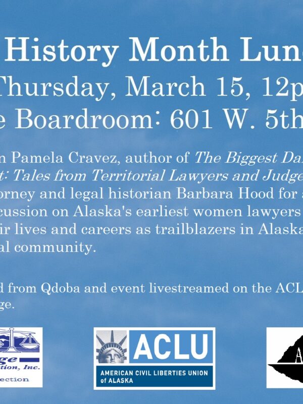 Blue and white flyer for Women's History Month Lunch Panel