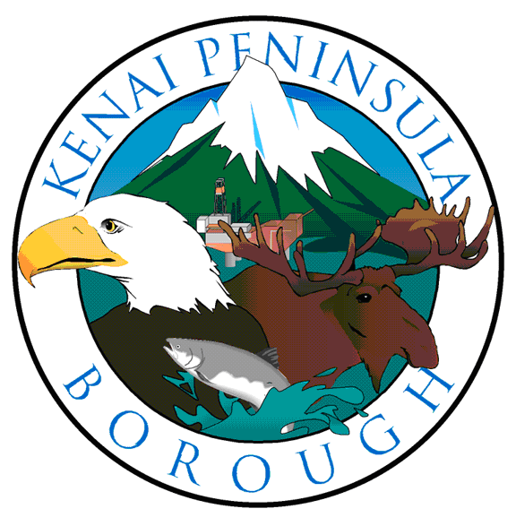 The seal of the Kenai Peninsula Borough: a snow-covered mountain, moose, and eagle.