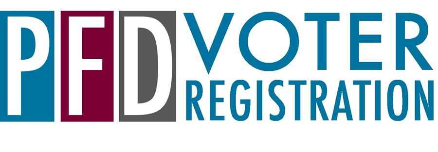 A large blue, maroon, and gray banner saying PFD Voter Registration.