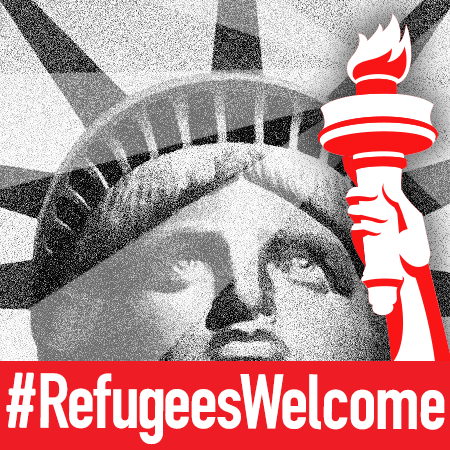 A black-and-white image of the Statue of Liberty&#039;s face holding a red-and-white torch with the text #RefugeesWelcome in white at the bottom.