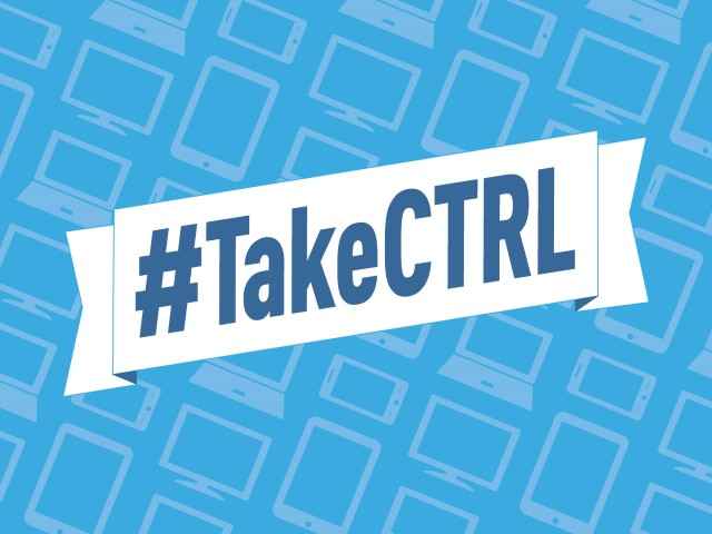 A white banner saying #TakeCTRL in dark blue font against a light blue backdrop patterned with images of computers and smartphones.