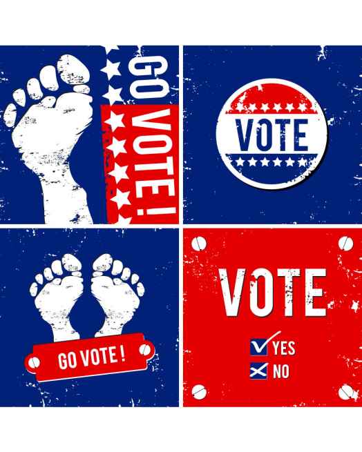 A collection of red, white, and blue images related to voting: circular "Vote" sticker, footprints with "Go Vote" written next to them, and a ballot with yes/no checkboxes.