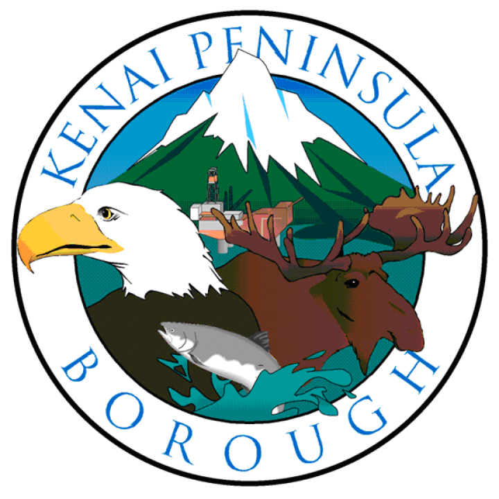 The seal of the Kenai Peninsula Borough: a snow-covered mountain, moose, and eagle.