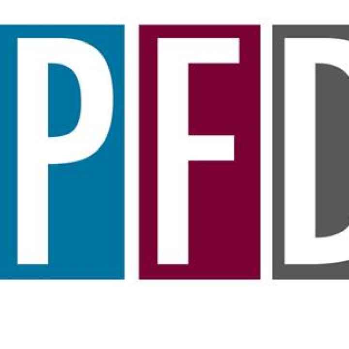 A large blue, maroon, and gray banner saying PFD Voter Registration.